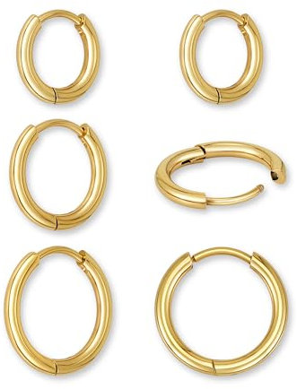 Creolen Edelstahl Damen Gold - 3 Paar elegante goldene Kreolen klein (12 mm, 14 mm, 16 mm) | Ohrringe Chirurgenstahl in 18K vergoldet - Creolen Herren