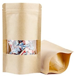 Lot de 100 pochettes verticales en papier kraft avec fenêtres, sacs à fermeture à glissière, sacs d'emballage alimentaire scellés avec encoche de déchirure (camel, 9 x 14 cm)