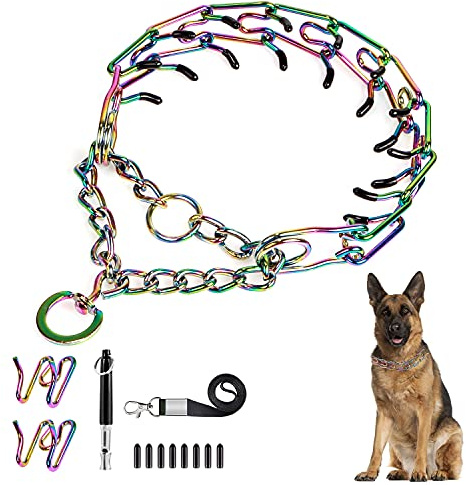 Kletloop Dog Prong Traing Collar - Choke Pinch Collar [2 Extra Links][Dog Whistle][Colorful] with Martingale Chain and Rubber Caps,for Medium Large Breed-S