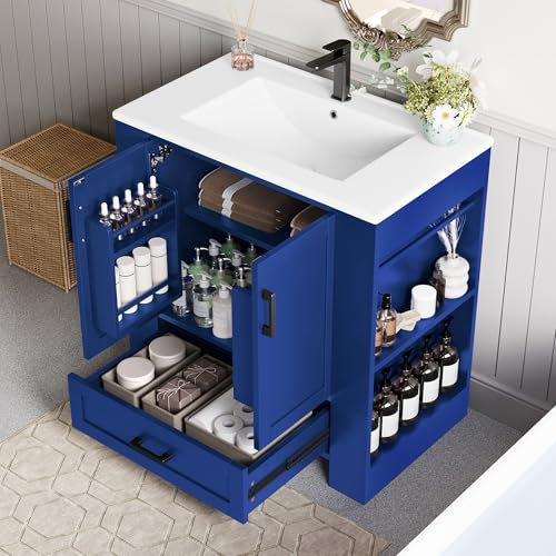 YuQozii Mueble de baño, tocador completamente lacado, estantes de doble puerta, cajones silenciosos, estantes en ambos lados, lavabo de cerámica integrado, azul