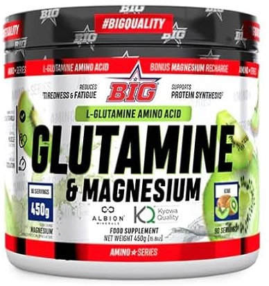 BIG Glutamine - Glutamina con Magnesio - Glutamina Kyowa en Polvo – Recuperación Muscular con pH Regulator® y Digezyme® Multi-Enzyme para Mejor Asimilación – Sublingual, 450g, Sabor Kiwi