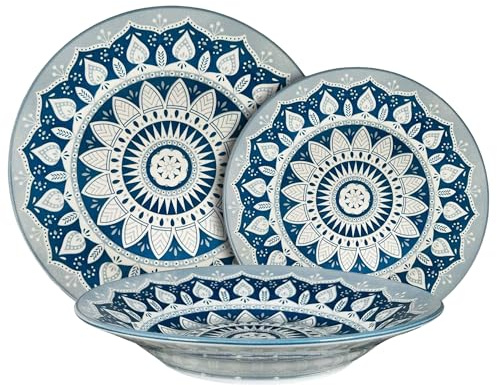Sicignano | Servizio Piatti 18 Pezzi in Porcellana – 6 Piatti Piani Ø27 cm, 6 Fondi Ø23 cm, 6 Frutta Ø20 cm – Colori e Disegni Assortiti, Elegante per Uso Quotidiano e Tavola Moderna (Azzurro)