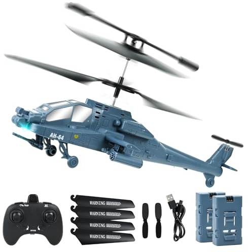 PATEMZON RC Helikopter Apache, Militär RC Hubschrauber, 2,4 GHz Military Helikopter, 2 Batterien, 25 Minuten, LED-Lichter, EIN-Knopf-Start & Höhenhaltefunktion, Indoor Spielzeug Kinder (Blau)