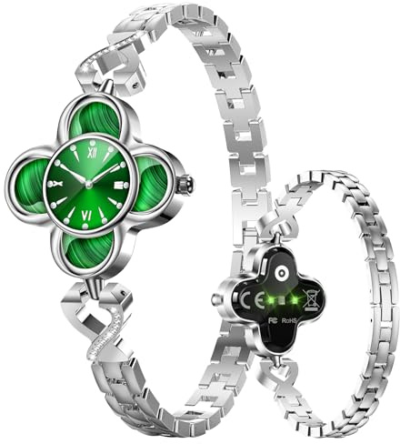 Green Lucky Clover Smart Bracelet with Quartz Clock - 24/7 Health Monitor Track Heart Rate Blood Oxygen Sleep Stress, Fitness Tracker IP68 Waterproof for Women Men, Compatible with Android iOS Phone