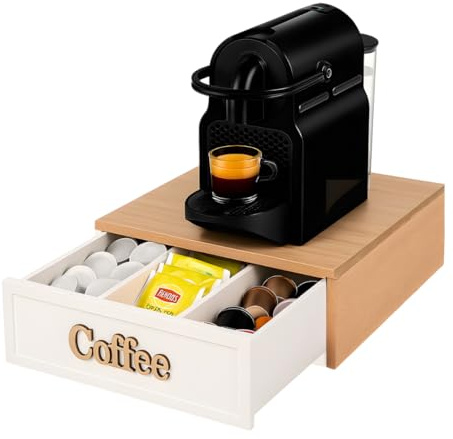 Porta Cialde Effetto Legno con Cassetto e Ripiano Resistente – Organizer Classico per Cialde, Capsule e Tisane – Porta Capsule Caffè, Bustine The e Zucchero – Ideale per Cucina, Ufficio, B&B