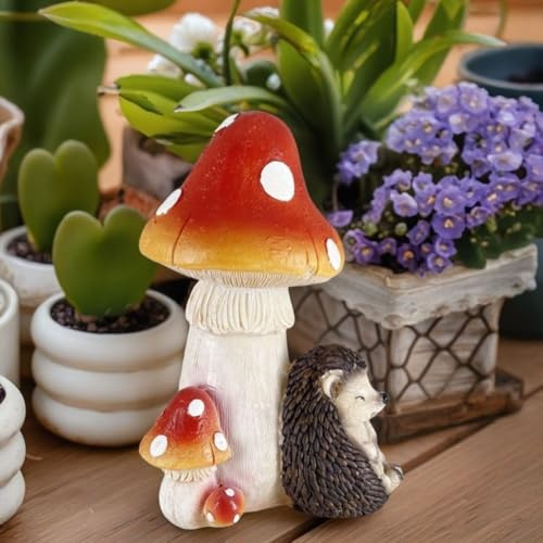 Statue de jardin en résine en forme de champignon et hérisson pour une utilisation décorative, améliorant les terrasses et les arrangements de bonsaï avec durabilité