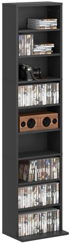 HOMCOM Rangements pour CD et DVD, meuble de rangement multimédia, capacité max. 260 CD/120 DVD, 9 compartiments et 6 étagères réglables, pour salon, chambre, bureau, 33 x 24 x 140 cm, noir