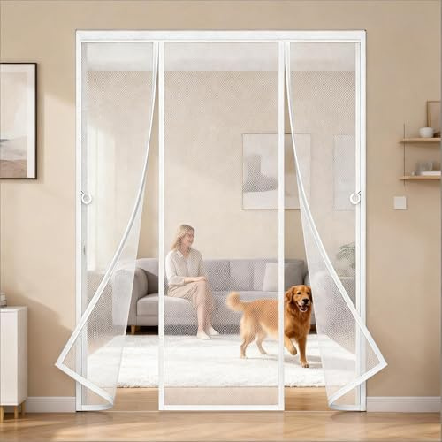 Double Door Magnetic Fly Screen with Stay Open Hooks Heavy Duty Bug Mesh Curtain with Powerful Magnets and Full Frame Hook&Loop Flyscreen French Doors Automatically Closes-White||365x190cm(144x75in)