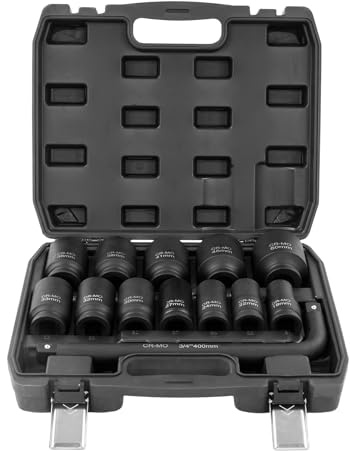 JAYEUW Juego de llaves de impacto de 13 piezas de tuercas de 3/4 pulgadas Cr-Mo hexagonales 19 22 24 27 30 32 33 36 38 41 46 50 mm Juego de llaves de vaso para desmontaje de alto par