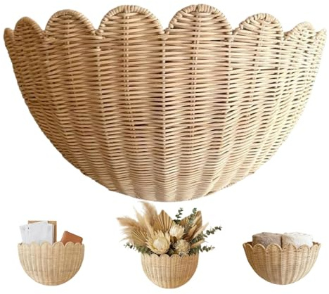 Scalloped Wicker Wall Basket, Rustic Wall Hanging Woven Basket for Fruit/Vegetable/Plant/Toiletries in Kitchen/Bathroom/Living Room/Nursery Decor, 14x6x8 Inch
