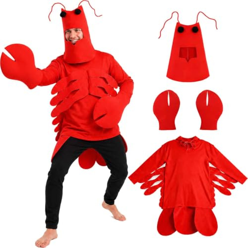 nezafly Adult Lobster Costume Red Sea Creature Onesie Animal Cosplay Suit | headpiece, claw gloves, unisex fancy dress, one size, halloween cosplay, carnival, party, stage performance, mens womens