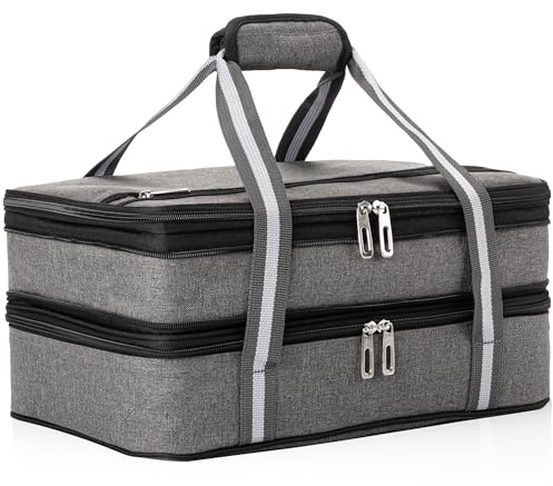 Stack Store Plus More Insulated Casserole Carrier for Hot or Cold Food, Lasagna Holder for Picnic, Potluck, Cookout - Fits 9” x 13” and 11” x 15” Baking Dish – Expandable Double Thermal Bag in Gray