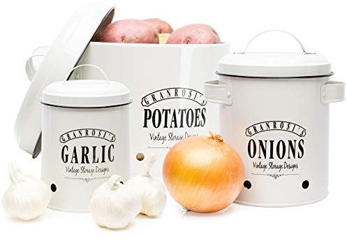 Granrosi boite de rangement cuisine set de 3,bocaux rangement cusine des pommes de terre,oignons,l'ail,boîtes de conservation,pots au design vintage-Blanc