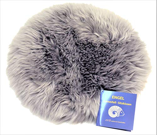 Reissner Lammfelle | DIANA-34-SIL | Sitzauflage | Echtes Schaffell | hochwollig | Seiten eingefasst | Rückseite mit Stoff abgefüttert | rund | 34cm Silbergrau