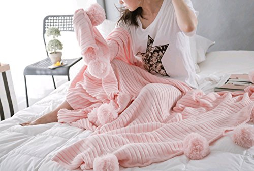 Icegrey Kuscheldecke Mit Pompons Handgefertigt Gestrickt Tagesdecke TV Decke Für Sofa Bett Zimmer Plüsch Strickdecke Mit Pompom Rosa 150x200cm