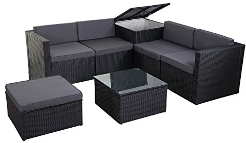 Mendler Poly-Rattan-Garnitur HWC-D21, Balkon-/Garten-/Lounge-Set Sofa Sitzgruppe, Box Staufach - anthrazit, Kissen dunkelgrau