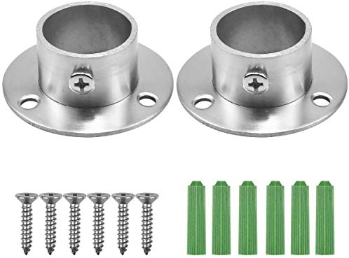 HQdeal 2 Pack Stainless Steel Closet Pole Sockets, Heavy Duty Closet Rod End Supports Round Shaped Flange Rod Holder with Screws for Wardrobe Bracket Shower Curtain Rod Flange Socket Kit (25mm)
