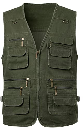 KTWOLEN Herren Outdoor Weste mit Multi-Taschened Anglerweste Jagd- und Angler Camping Wandern Weste Freizeit Ärmellos Jacke, Grün, XXL
