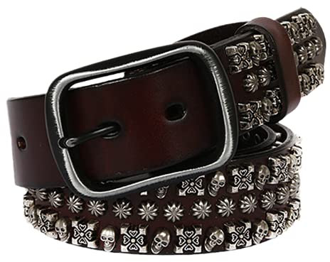 Totenkopf Nietengürtel Gürtel Mit Nieten Scull Head Jeansgürtel Punk Leder Belt Für Damen Und Herren Geeignet Für Bluse Jeans Freizeithosen,Kaffee,115cm/waist:38~40