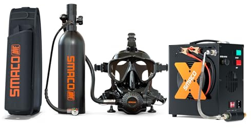 SMACO Mini Tauchflasche mit Tauchmaske 1L Mini Sauerstoffflasche Taucherflasche mit Vollgesichtsmaske Tauchermaske,S400 PRO Taucherflasche für Bootsreinigung Unterwasser Erkundung und Rettung