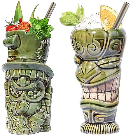 NUACOS Keramik Tiki Mug Set of 2 Tiki-Bechergläsern für Cocktails Exotische Bar Dekorationen für Hawaii Partys Barware Lustiges Kit