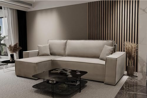 Kaiser Möbel, Ecksofa mit schlaffunktion, mit Bettkasten, Schlafsofa Atos, Designer Sofa, Modern Design Couch, Polsterecke, Freistehend, Polsterung Samt, Beige Links