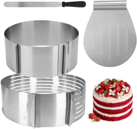 LOMUG Tortenzubehör Set, Tortenboden Schneidhilfe, 4PCS Torten Zubehör Set Edelstahl Tortenring Verstellbar+Tortenheber+Tortenschneider Tortenbodenschneider+Streichmesser Backzubehör für Torten Ostern