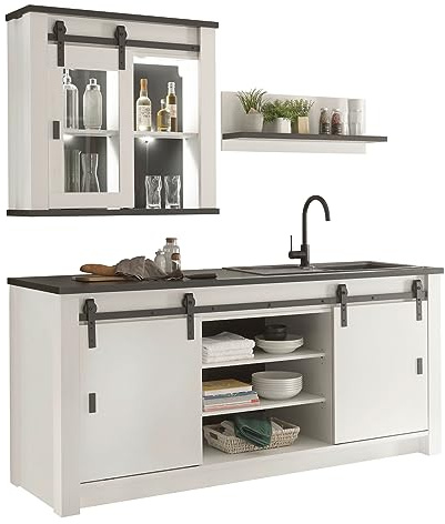 Küche Küchenzeile in weiß Pinie und schwarz/anthrazit Küchenschrank Set 3 teilig Küchenblock komplett Set im Industrial Design Stove (Set 1)