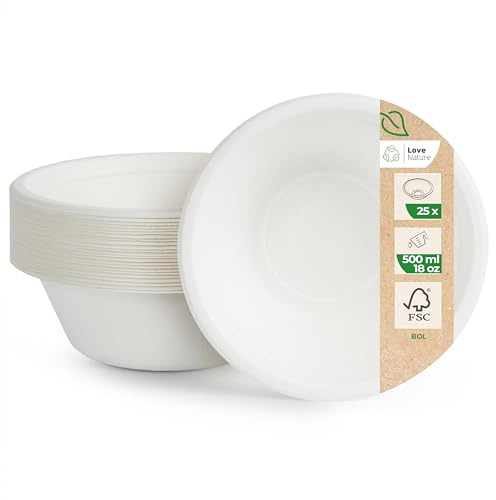 Love Nature Ciotole Usa e Getta di Polpa Canna di Zucchero 500 ml - 25 Pezzi di Ciotole Monouso Ecologico - Stoviglie Usa e Getta