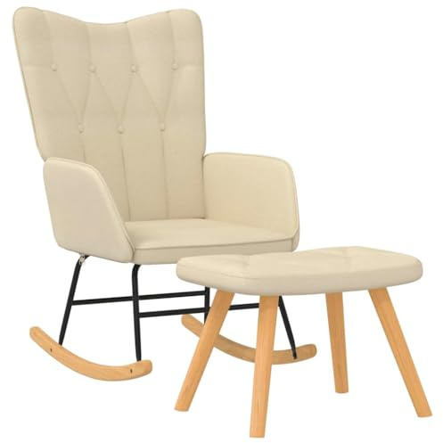vidaXL Schaukelstuhl mit Hocker, Schwingstuhl mit Armlehne, Schaukelsessel mit Holzkufen Stahlgestell, Relaxsessel Schwingsessel Wohnzimmer, Modern, Stoff Creme