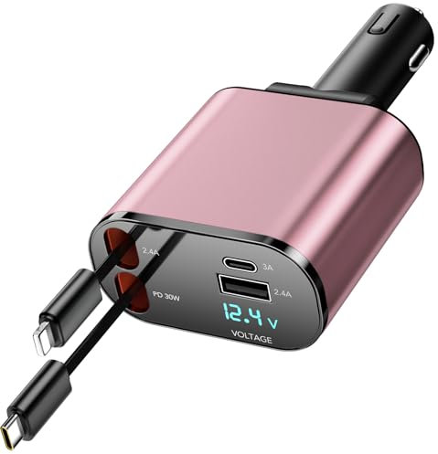 COCIVIVRE Aufrollbares Autoladegerät, 4 in 1 USB C Schnelles Autoladegerät 60W, Aufrollbare Kabel (2.6Ft) und 2 USB Ports Autoladegerät Adapter, Kompatibel mit iPhone 15/14/13/12/Pro Max/Plus/Pro.