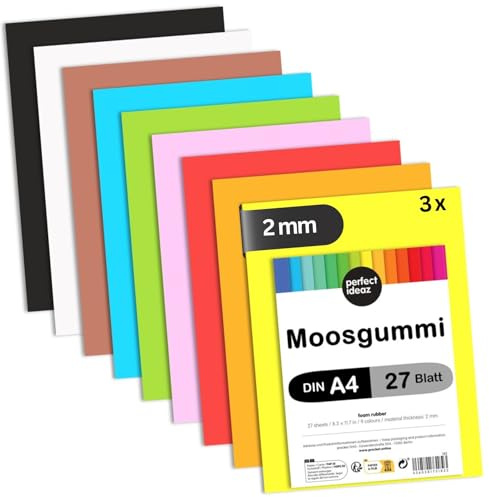 perfect ideaz - Moosgummi DIN-A4, 81 Blatt, 9 Farben, 29,7 x 21 cm (2 mm dick), farbiges Bastelmaterial für Kinder, Top Qualität