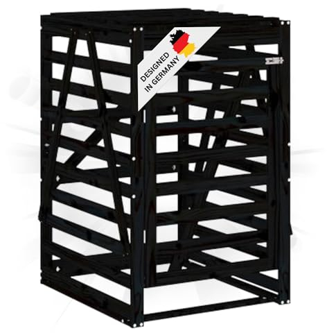 DELUKE 1er Mülltonnenbox Kiefernholz BOUMI | 84x90x128,5cm Schwarz | Mülltonnenverkleidung für 1 Tonne Müllbox aus Holz Mülltonnenschutz Mülltonnendach