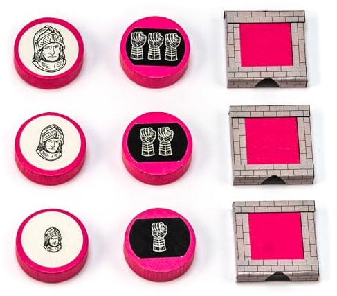 Waldfelsen® Hozfiguren: 6 Ritter und 3 Stadtmauern inkl. Aufkleber geeignet für Die Siedler (Farbe: Pink)
