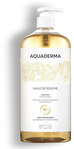 Aquaderma Huile Douche Aloe Vera & Huile d'Argan 1L - 96% Origine Naturelle & Made In France - Nourrit & Protège - Tous Types de Peaux, Visage & Corps - Hypoallergénique