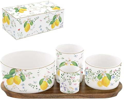 COFFRET APERITIF 4 COUPELLES SUR PLATEAU ACACIA 29X13CM FLEURS ET CITRONS