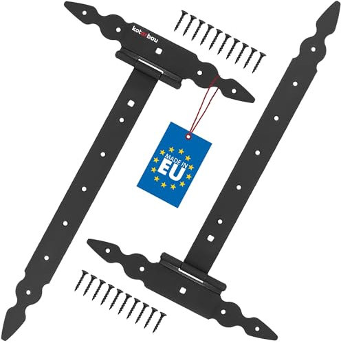 KOTARBAU® 2 St. T Scharniere schwarz L: 400mm Kreuzgehänge pulverbeschichteter Stahl Gartentor Scharnier Türband Holztür Ladenband Torscharniere Schwerlast Türbänder Beschläge Gartentor Tor Scharniere