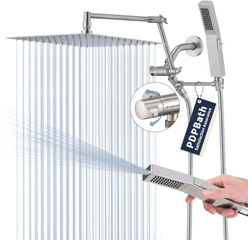 PDPBath Cabezal de ducha de lluvia de metal con combo de rociador de mano, cabezal de ducha de lluvia de 12 pulgadas con brazo de extensión ajustable en forma de arco de 16 pulgadas, con soporte de