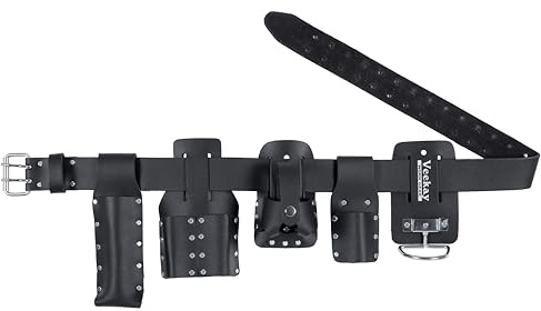 VEEKAY Scaffolding Belt - 5 Piece Black Leather Tool Belt, 2 Wide, Fits Waist Sizes from 32” to 46”, Includes 1 Hammer Holder, 1 Tape Measure Holder, and 3 Tool Holders for Full Tool Set