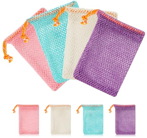 Nylon Seifenbeutel, Buntes Seifensäckchen mit Kordelzug, 4 Stück Seifenbeutel für Feste Seife Seifennetz Seifensack zum Duschen Netz Tasche für Aufschäumen und Trocknen von Feste Seife (4Farben)