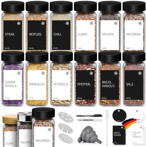 Miorkly Gewürzgläser Eckig mit Streueinsatz - 12 x 120ml - Edelstahl Deckel | Verdicktes Glas-Luftdichte Gewürzgläser Eckig Schwarz -Gewürzstreuer Glas - Spice Jars Set-Trichter, Etikett und Stift