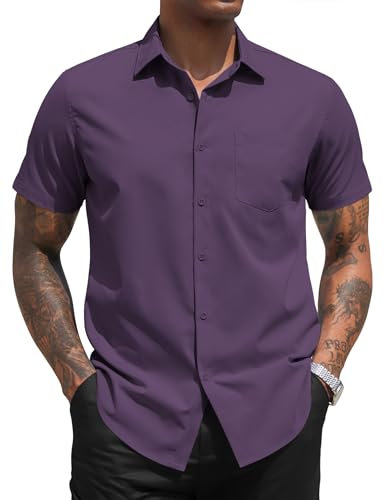 COOFANDY Men's Short Sleeve Shirt Smart Casual Non Iron Shirt Summer Stretch Regular Fit Button Down Dress Shirts Business Casual Wrinkle Free Purple L