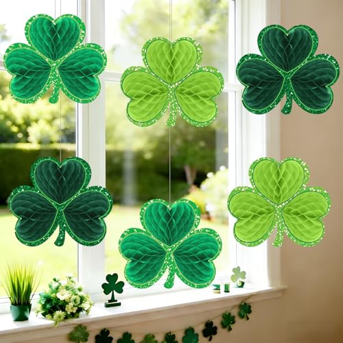 FYSUIMU 6Pcs St. Patrick's Day Honeycomb Hanging Decoration Green Shamrock 3D Paper Honeycomb Ball Centerpiece Lucky Clover Hanging Ornament for Irish Party Indoor Outdoor Decor