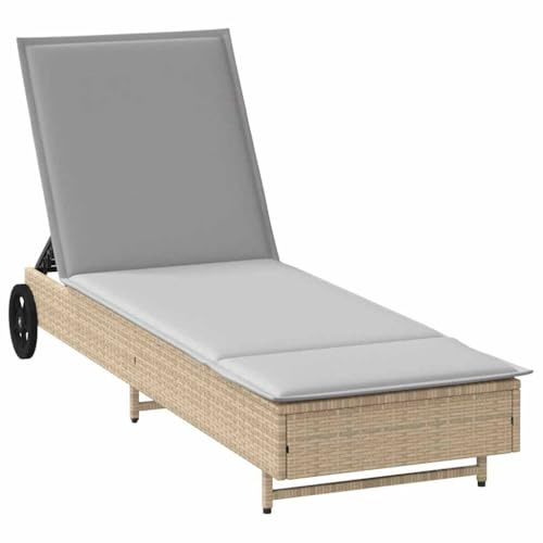 vidaXL Sonnenliege mit Rollen und Auflage Beige Poly Rattan