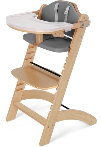 Cowiewie New Upgrade 3-in-1 Convertible Wooden High Chair for Babies & Toddlers 10 Levels Adjustable 3-Tier Remove & 2 Adjustable Wood Tray, 2 Waterproof Cozy Cushions Grey