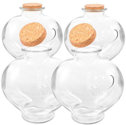 Cabilock 4 Pièces Bouteilles en Verre en Forme De Cœur Grand Goulot avec Bouchon en Liège Bocaux à Potions pour Mariage Cadeaux Lune De Miel Décoration De Fête Et DIY Artisanat