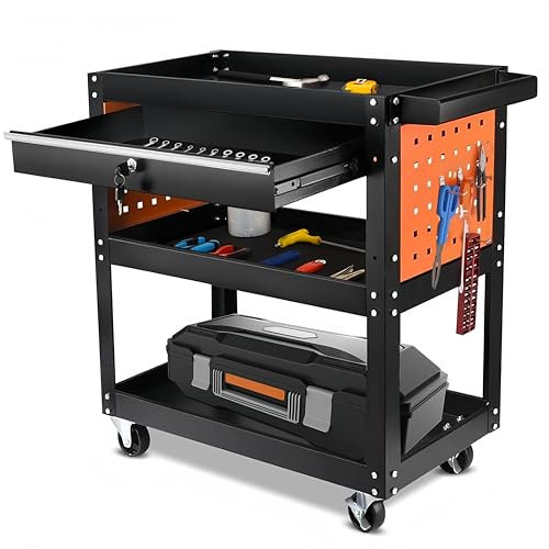 WUDLEP 3-Tier Rolling Tool Cart, 76 * 35 * 70cm Heavy Duty Tool Trolley, Metal Tool Cart with large Lockable Drawer and Rack, Work Trolley for Transport Tools, Load Capacity 200KG