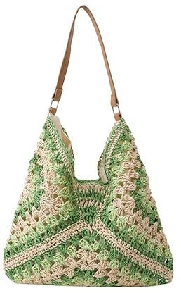 CRGANGZY Süße Strandtasche for Damen, Einkaufsbeutel, gehäkelte Strohtasche, große gewebte Tragetasche, Strandtasche for Mädchen, handgefertigte gewebte Tasche, Sommer-Strandtasche-Grün