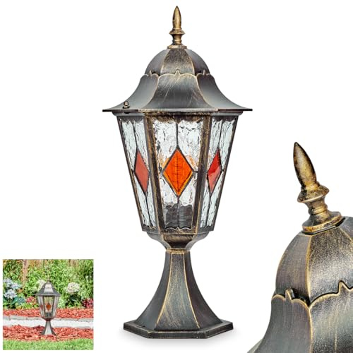 HOFSTEIN Sockelleuchte Hongkong, Außenwegeleuchte aus Metall/Glas in Braun/Gold/Klar/Orange, Wegelampe im Antik/Landhaus/Vintage/Retro-Design für Garten, Außenbereich, Hof, Höhe 50 cm, E27, IP44