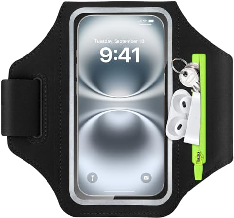 Running Phone Holder, Stretchable Running Armband Phone Holder for Running Sweatproof Mobile Phone Armband with Zipper Pocket for iPhone 17 16 15 14 13 12 Galaxy S25 for Jogging Cycling